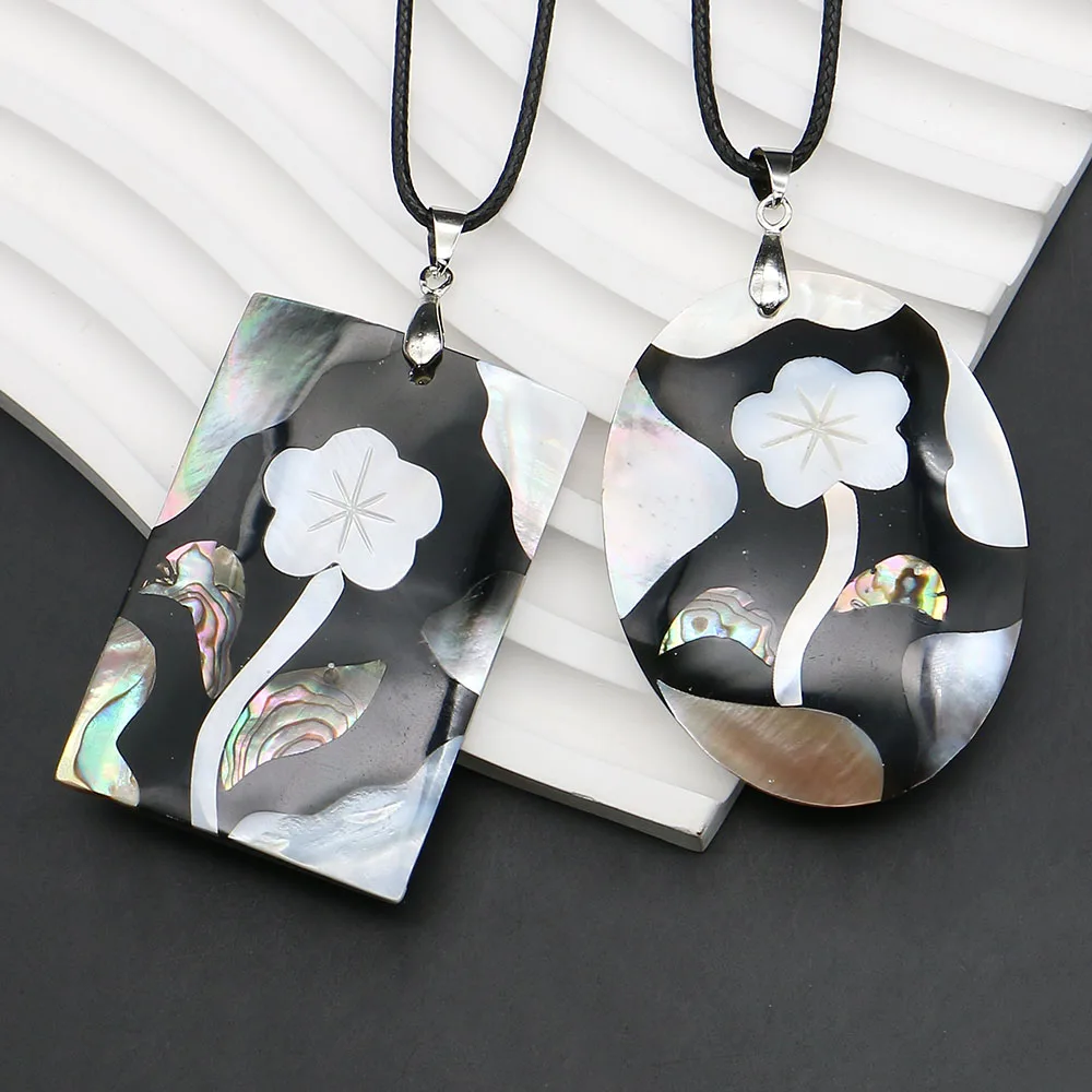 

Natural Freshwater Shell Rectangle/oval/round Pendants Necklace with Flower Pattern Design Charms Leather Rope Chain Jewelry 1pc
