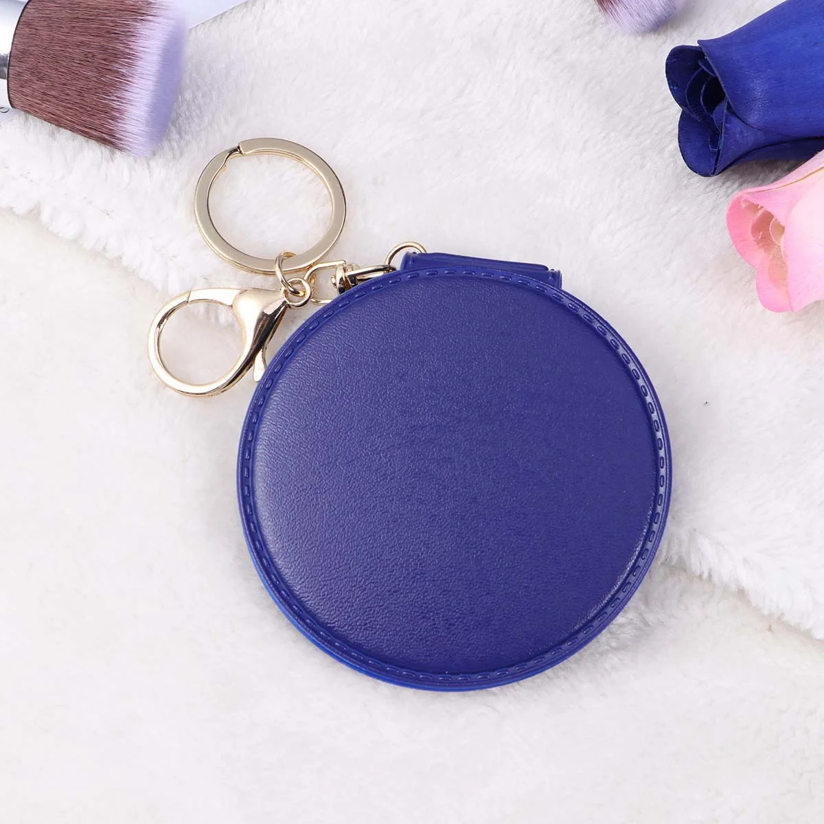 Donkerblauwe opvouwbare spiegel, draagbaar, dubbele zijden, PU-frame, make-up, compact voor dames, klein, gemakkelijk mee te nemen