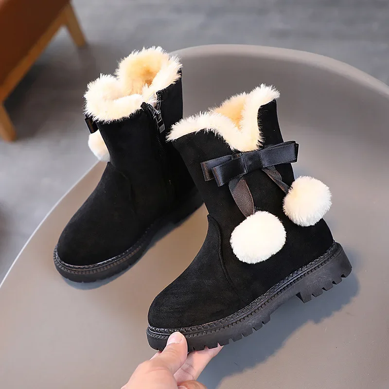 Classic Girl Winter Boots Children Warm Fluffy Cotton Shoes Fashion High Top Kids Snow Boots Sweet Bowknot Princess Versatile