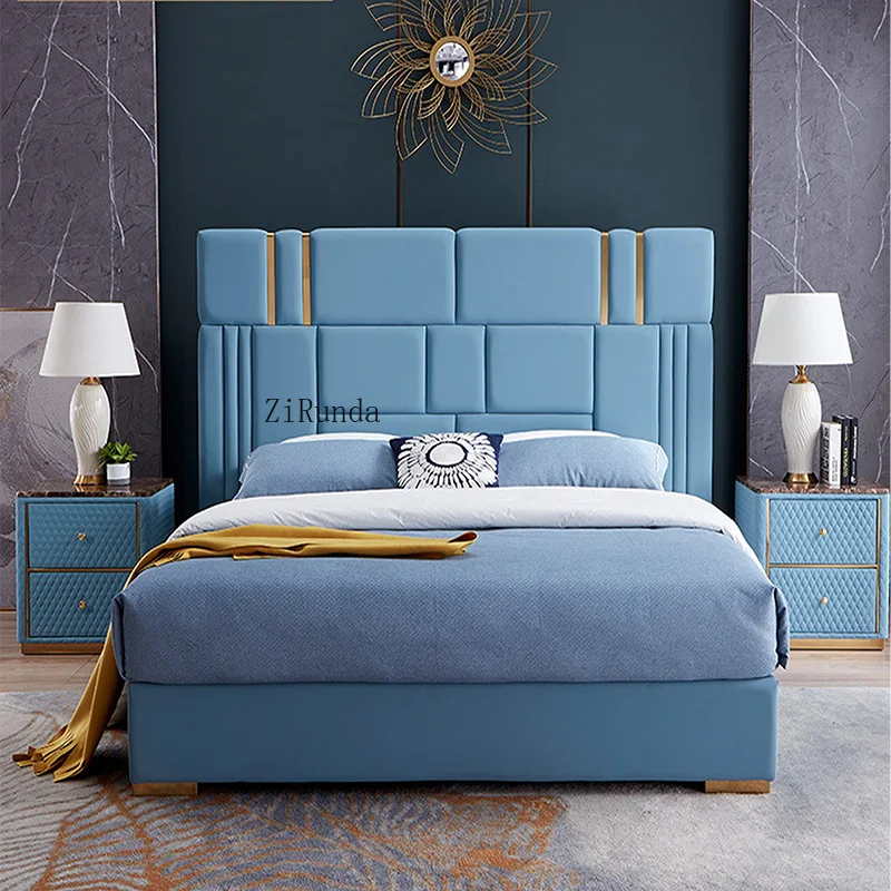 Modern high quality double blue bed frame extra large matte leather massage feature luxury adult bedroom furniture