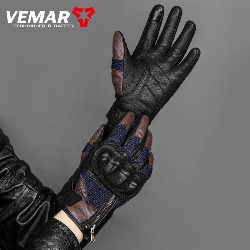 VEMAR Sheepskin Denim Fabric Motorcycle Gloves Summer Retro Breathable Genuine Leather Riding Guantes Motocross Motos Accessorie