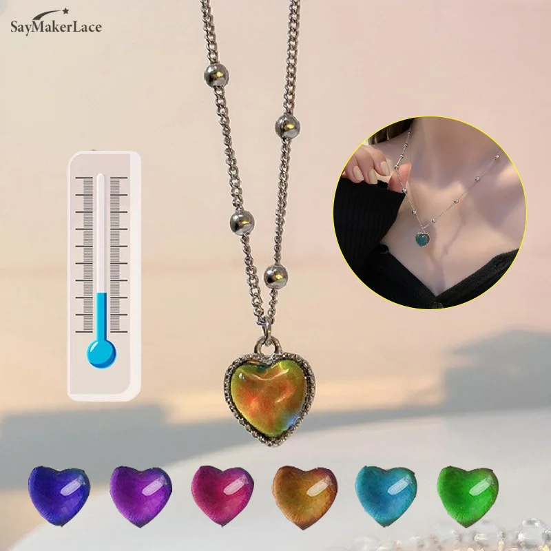 New Candy Color Changing Heart Pendant Necklace For Women Simple Design Temperature Sensitive Stone Peach Choker Party Jewelry