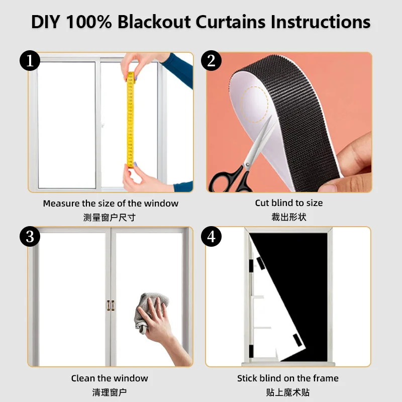 100% Blackout Curtain 420D Oxford No Drill Velcro Privacy UV Sun Block DIY Cuttable Portable Window Cover for Bedroom RV Cam