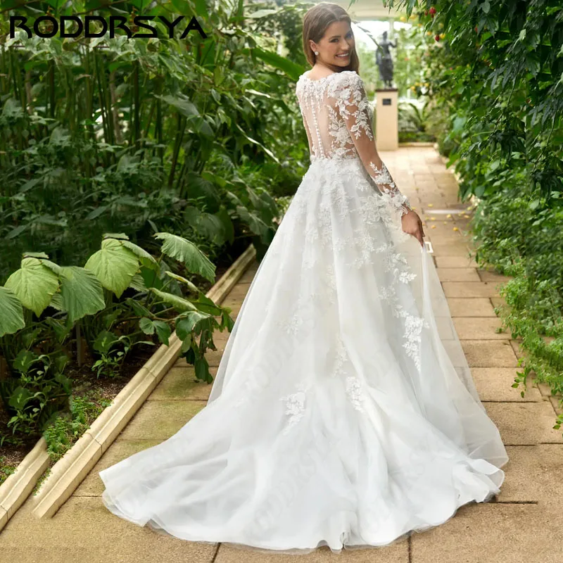 RODDRSYA Princesa Vestidos De Casamento Elegante Renda Manga Longa A linha De Noiva Festa Ilusão Botão Voltar vestido de novia princesa Princesa Vestidos De Casamento Elegante Renda Manga Longa A linha De Noiva Festa I