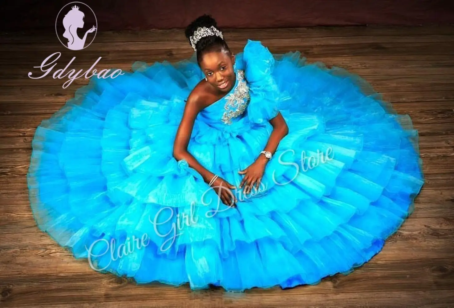 Vestidos de menina de flor azul personalizados para casamento em camadas inchado até o chão crianças festa de aniversário primeira comunhão vestido de baile