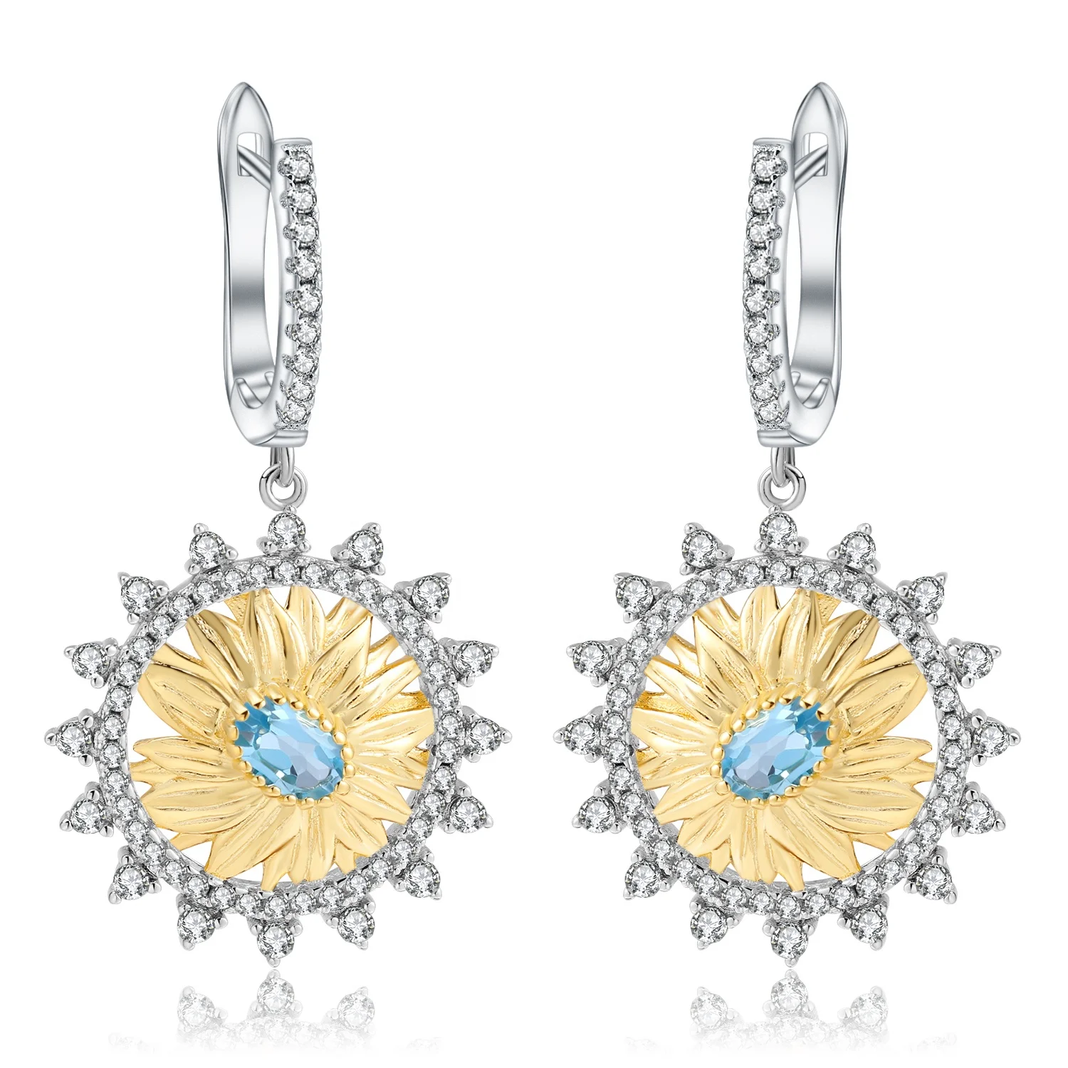 

C7614 Abiding Fashion 925 Sterling Silver Handmade Earrings Natural Swiss Blue Topaz Sunflower Drop Earrings for Women