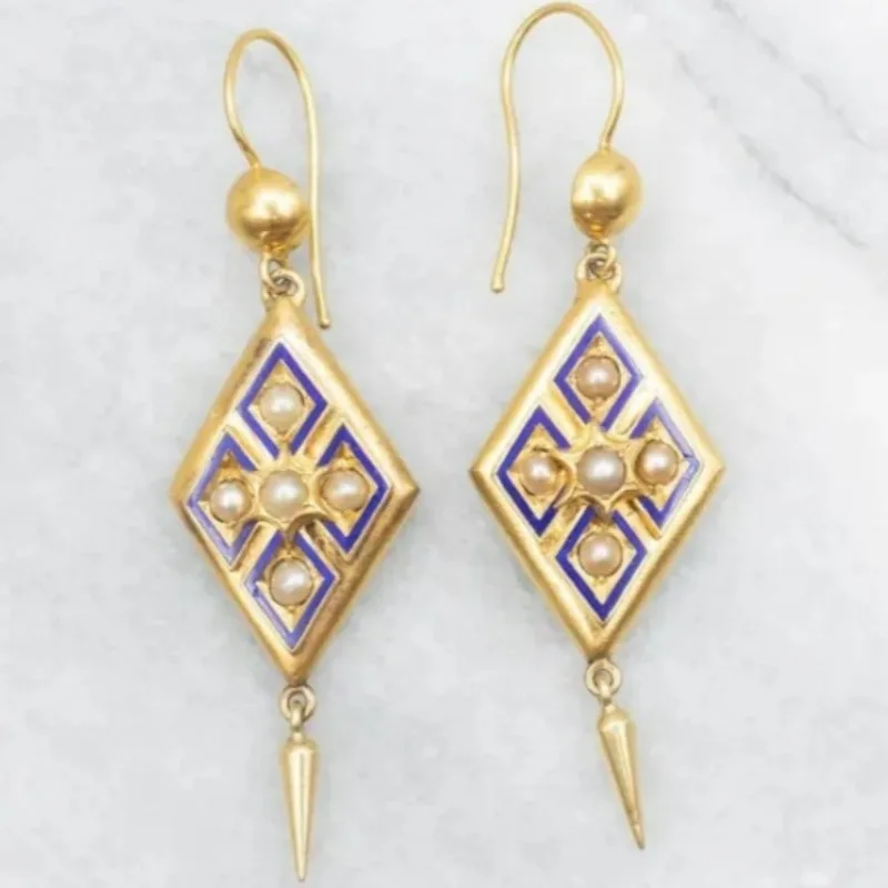Elegante Mode Rhombus Emaille Ohrhänger Retro Temperamentvoll Vergoldete Ohrringe Trendiger Urlaubsschmuck für Damen