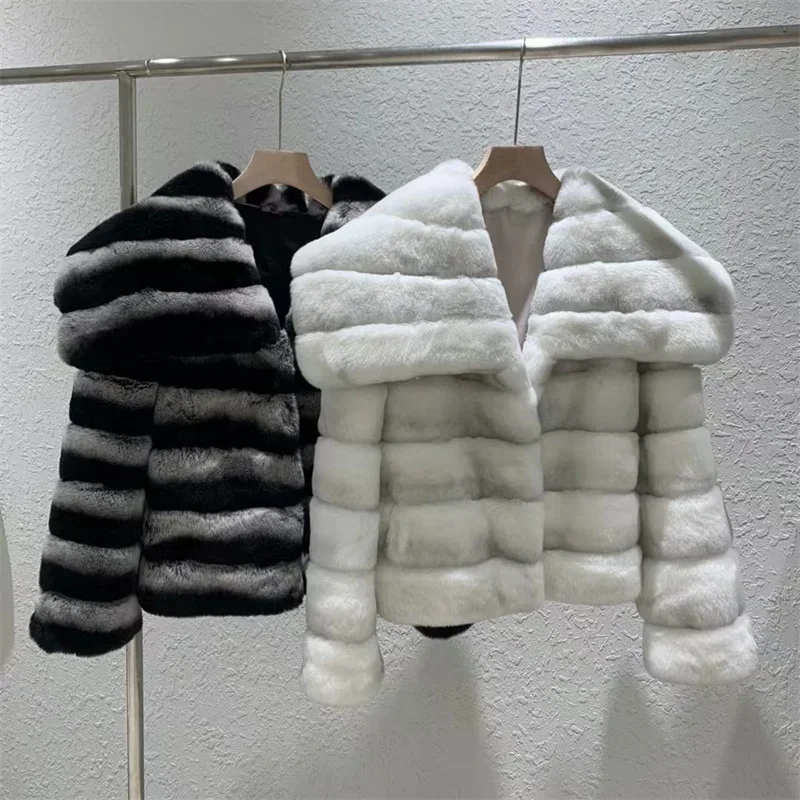 Luxury Rex Rabbit Fur Jacket for Women 2024 New High Quality Warm Short Fashion Simple Lapel Striped Real Fur Coat Winter