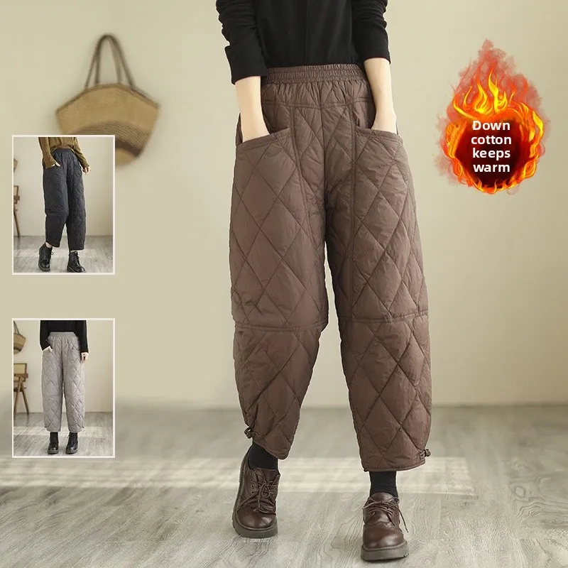 

Retro Buttoned Quilted Cotton down Pants High Waist Thiened Straight Leg Casual Trousers for Women plus Size Outerwear