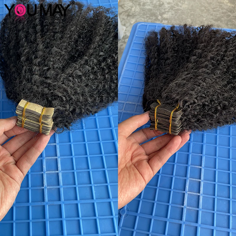 Cinta rizada Afro en extensiones de cabello humano, paquete de cabello humano Remy mongol, cinta rizada Ins para mujeres negras, Youmay virgen