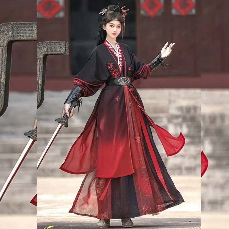 Traditional Chinese Hanfu Dress Men Women Black Red Embroidery Cross Collar Costume National Swordsman Cosplay Clothes Halloween