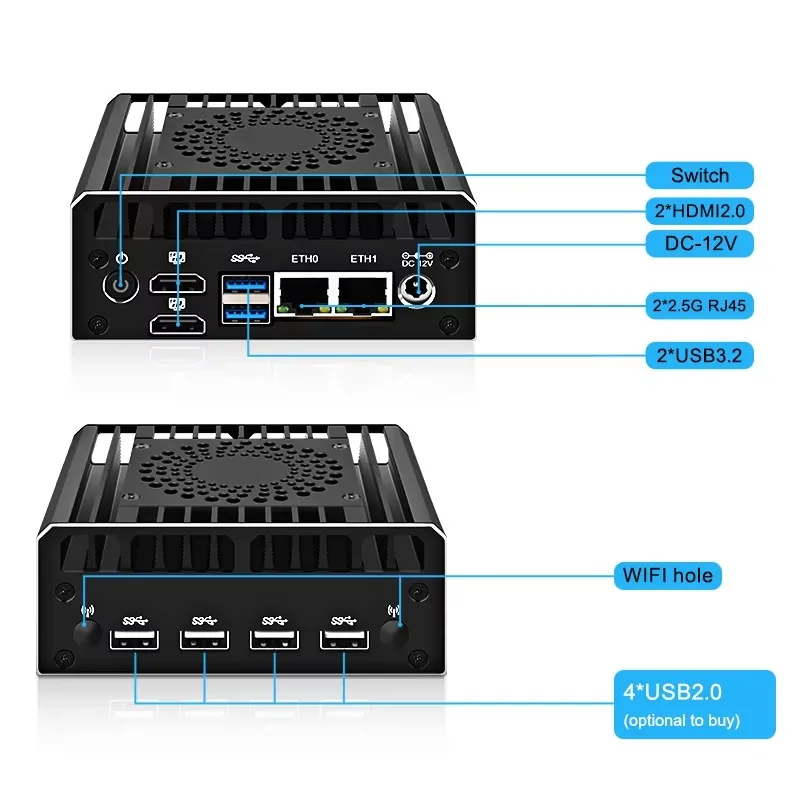 Solid Firewall Soft Router X86 P5 12e generatie Intel i3-N305 N100 Mini PC 2*i226-V 2.5G 2*HDMI2.0 2*USB3.2 DDR5 4800 PCIex4 DIY NAS