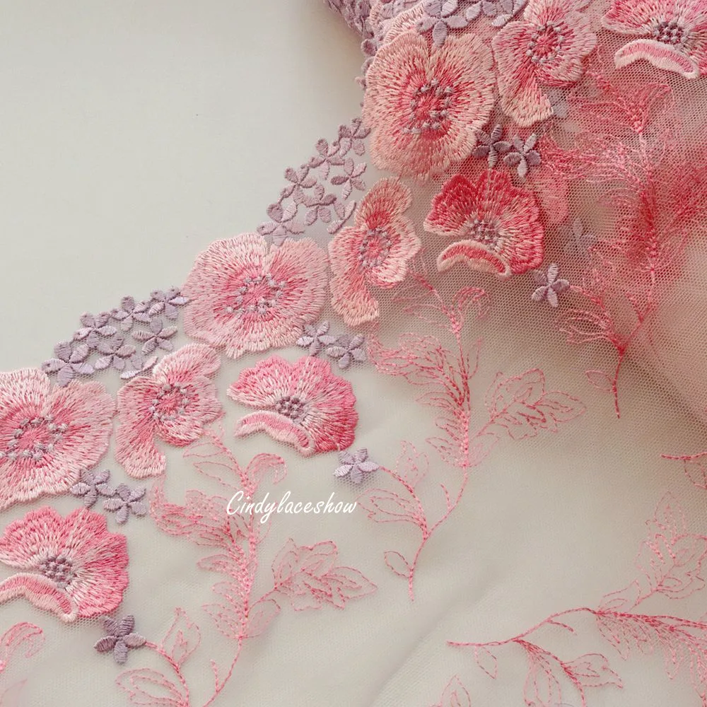 1 Meter 26 CM Wide Pink Flowers Embroidered Wedding Dress Lace Trim Fabric White Mesh For Bra Garment Sewing Clothes Accessories