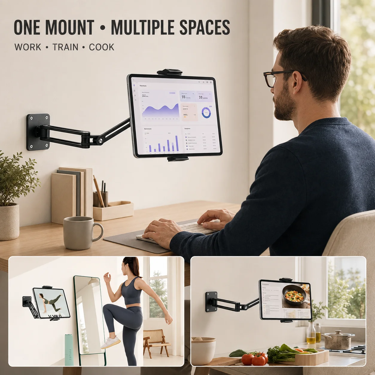 360° Rotatable Tablet and Phone Holder, Long Arm Wall Mount Stand for Desk Bed Use