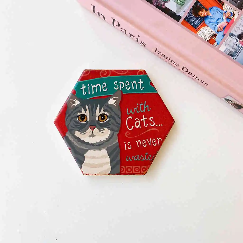 6PCS Ceramic Coasters Cat Cute Ins Set Heat Insulation Non-slip Absorbent Pad Table Protector Drink Holder Kitchen Items Decor