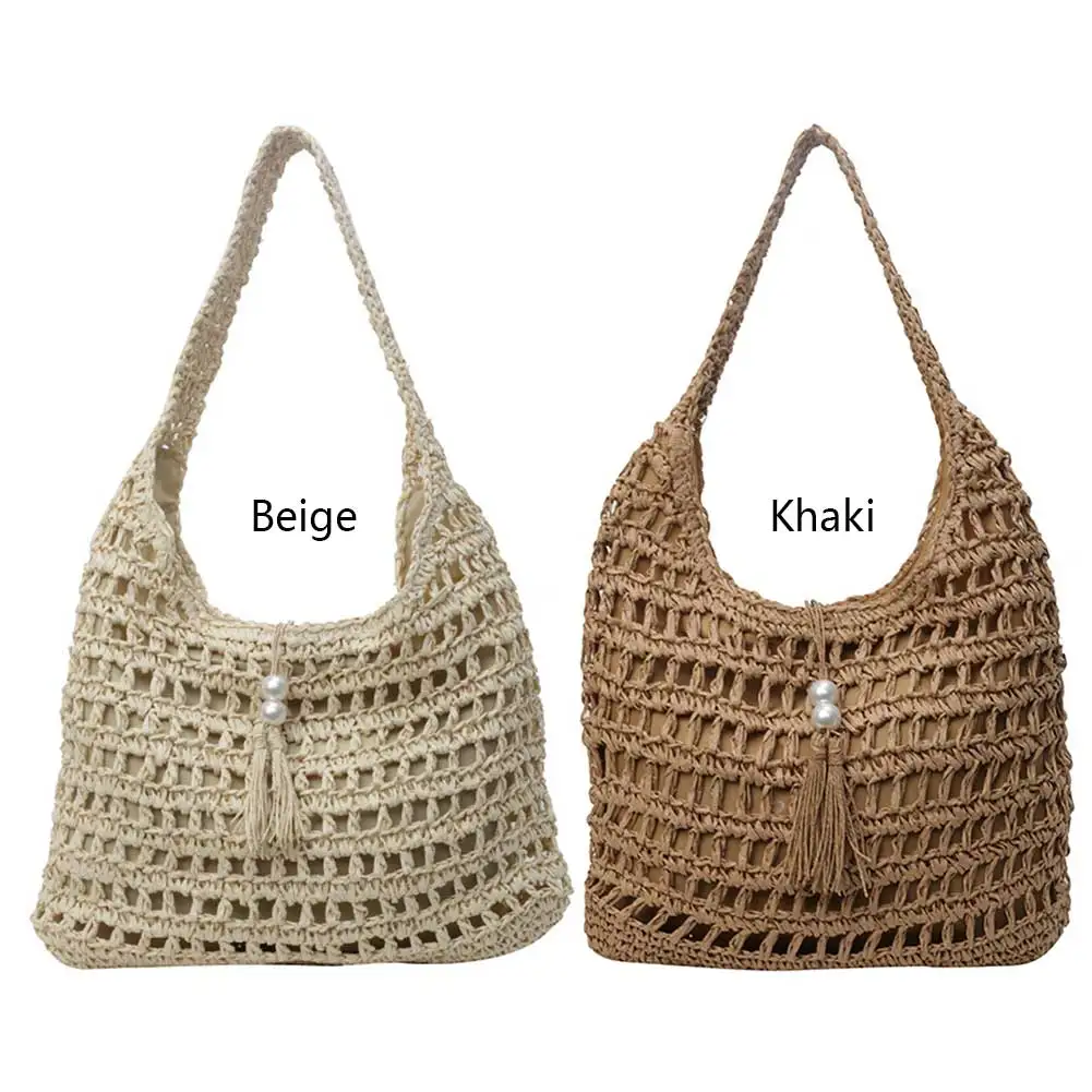 

Handwoven Straw Beach Bag Large Shoulder Bag Hollow Holiday Travel Handbag with Tassels Top Handle Bag for Women and Girls