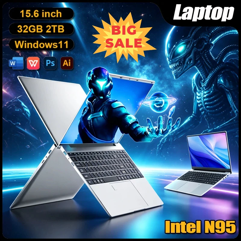 Notebook Gamer Intel N95 Ultra Slim 2026 de 15.6" com 32GB de RAM e SSD de 2048GB, Bateria de 7500mAh, Computador para Escritório e Estudo, Windows 11