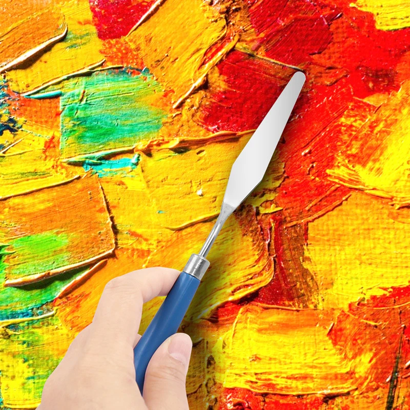 Paleta de pintura de acero inoxidable para estudiantes, 5 piezas, raspador de pintura Gouache con un solo mango de madera, cuchillos de pintura al óleo
