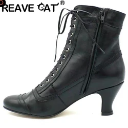 REAVE CAT Women Ankle Boots 30 31 32 Round Toe Lace Up Heels 41 42 43 Vintage Elegant Female Booties