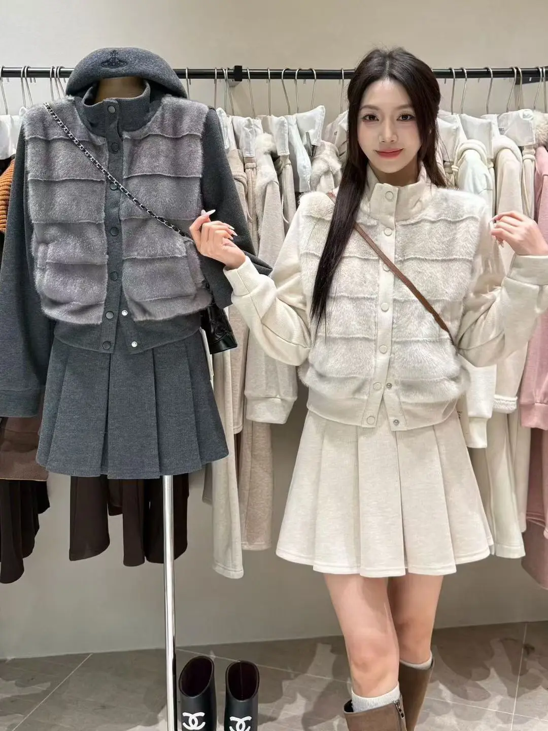 

Модный корейский женский зимний утепленный комплект из двух предметов: экологичное пальто и юбка, брюки с высокой талией