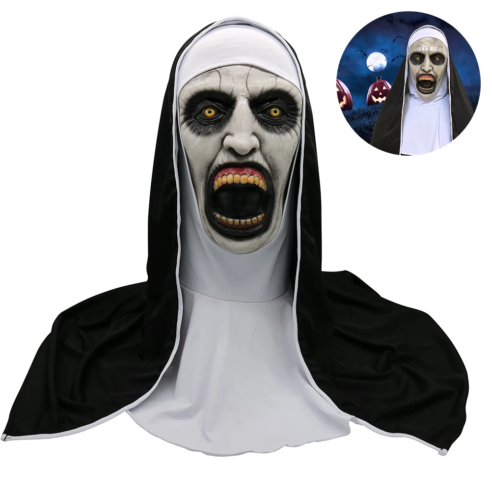

D2 Halloween Costume Nun Horror Mask Cosplay Scary Latex Masks With Headscarf Full Face Helmet Halloween Party Decoration Props