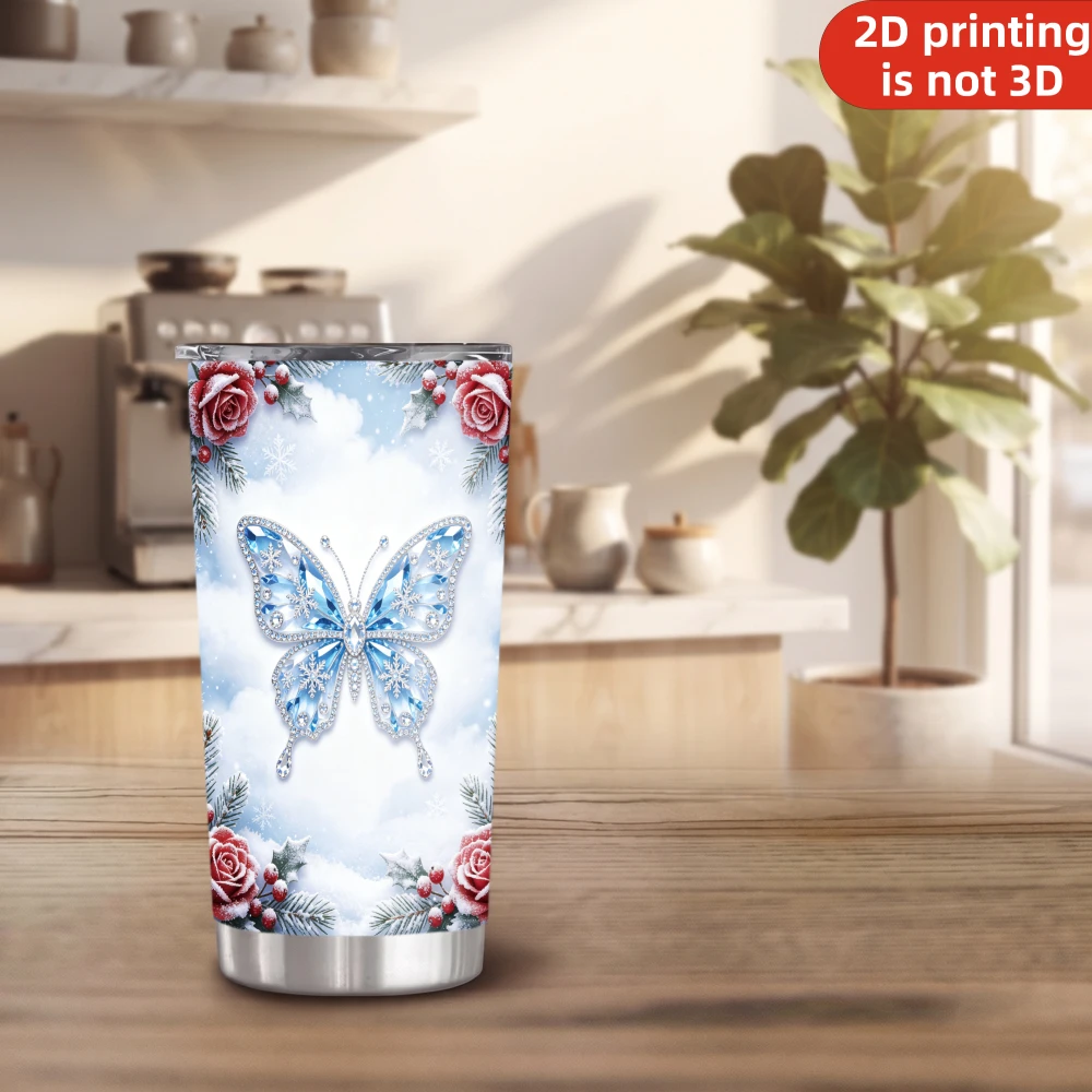 20oz Blue Diamond Butterfly Winter Rose Printed Stainless Steel Tumbler with Lid and Straw, Snowflake Floral Graphic Vacuum Insulated Travel Coffee Mug Gifts for Women