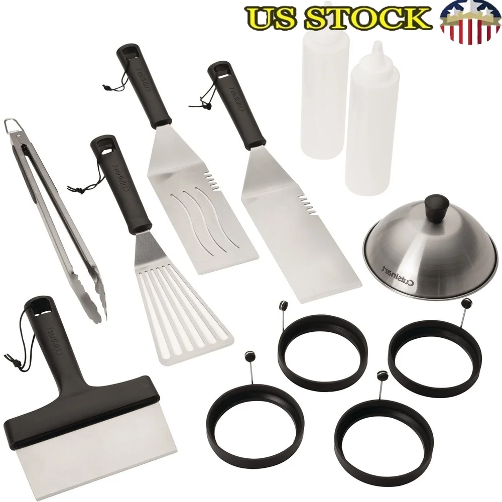 

Набор инструментов для сковороды из 12 предметов включает в себя лопаточки, щипцы, скребок для плавления купола, бутылки для брызг, силиконовые кольца для яиц, приготовление пищи на открытом воздухе