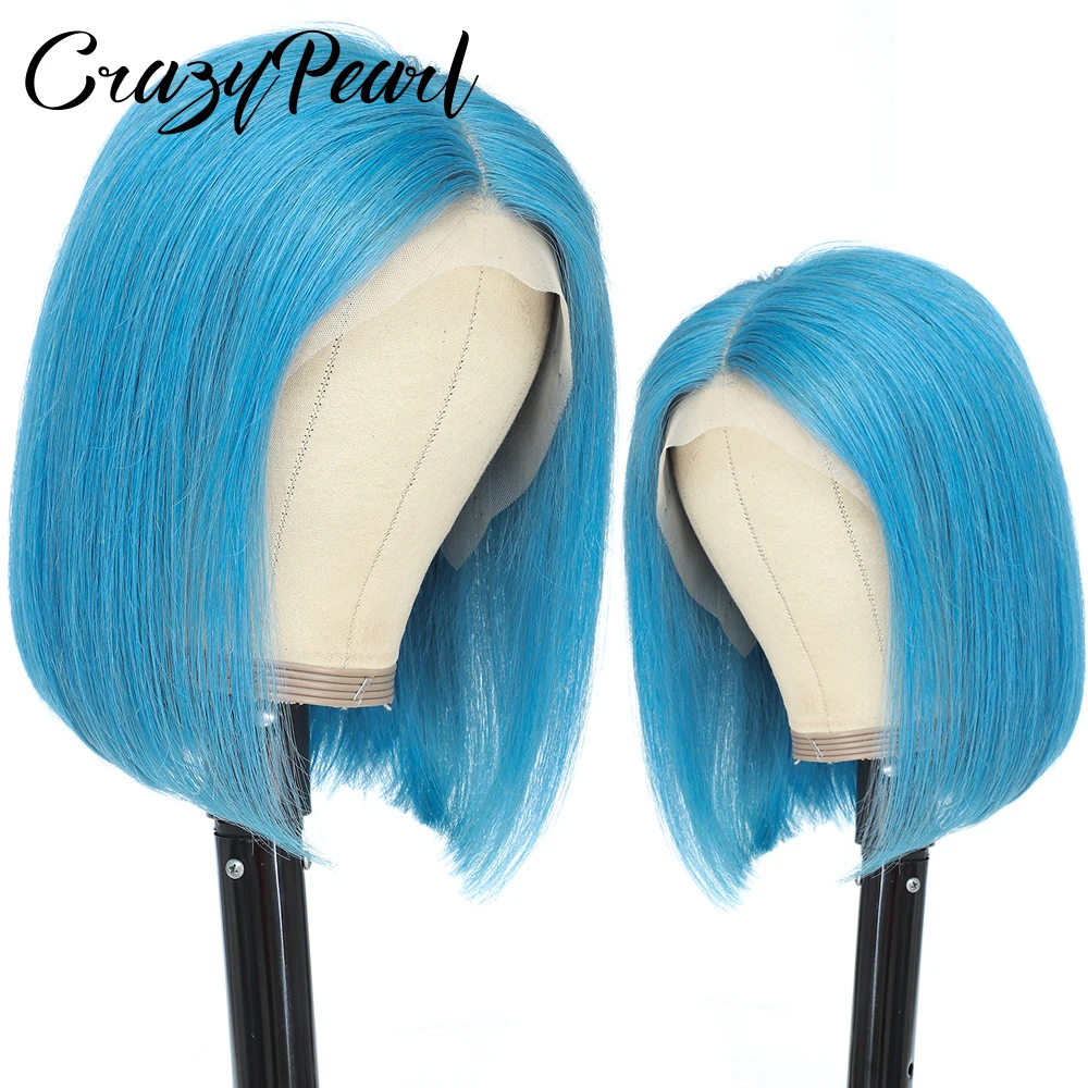 CrazyPearl Sky Blue Colored BoB Wig 13X4 Lace Frontal Human Hair Wigs Remy For Women Blue Pixie Cut Pre Plucked Natural Hairline