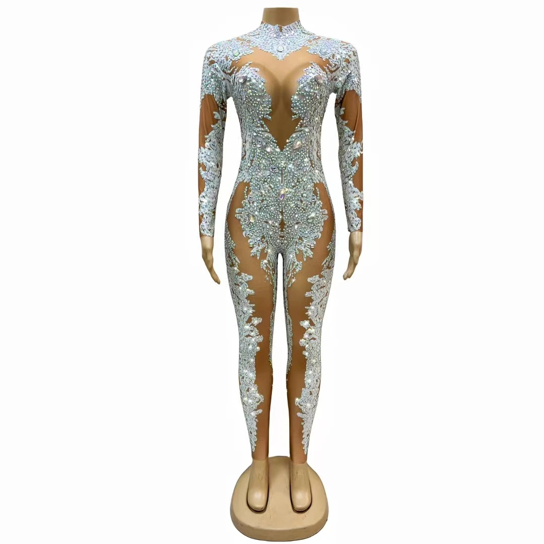 White Jumpsuit Bling Stage Performance Rhinestones Tight Women Singer Dancer Sexy Crystal Leotard Dance Costume Birthday Outfit