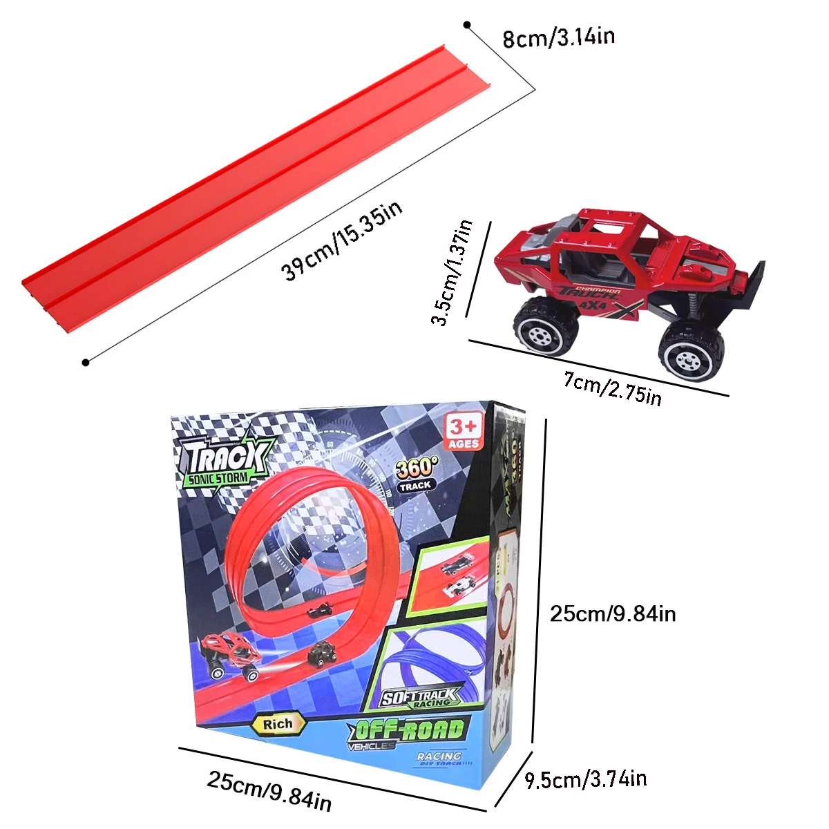 Conjunto de partida clássico Red Track, trilho flexível para rampa de carro de corrida para maiores de 3 anos com ventosas compatíveis com carros 1/64