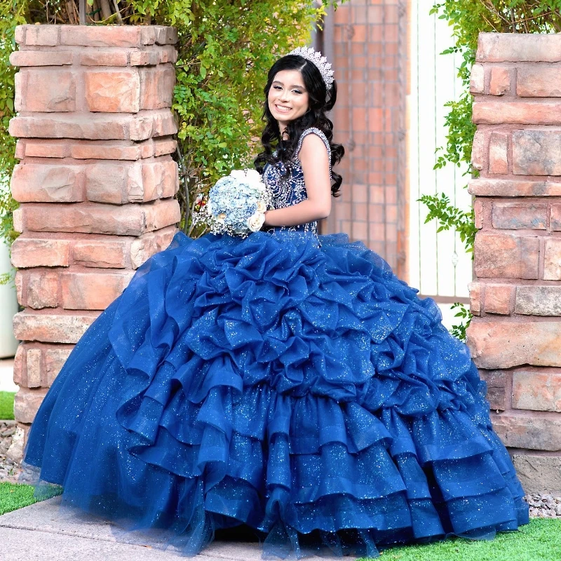 

Mexico 2024 Sky Blue Quinceanera Dresses Off The Shoulder Beads Crystal Tull Tiered Ruffels Ball Gown Sweet 16 Dresses vestidos