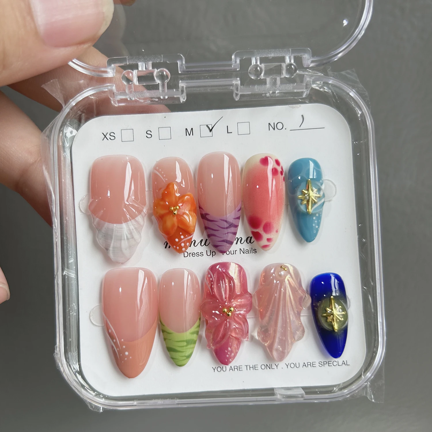 10Pcs Handmade Manicure Medium Almond Fake Nails New Cute 3D Limited Nails Press On Nails Design with Adhesive Nail File Set