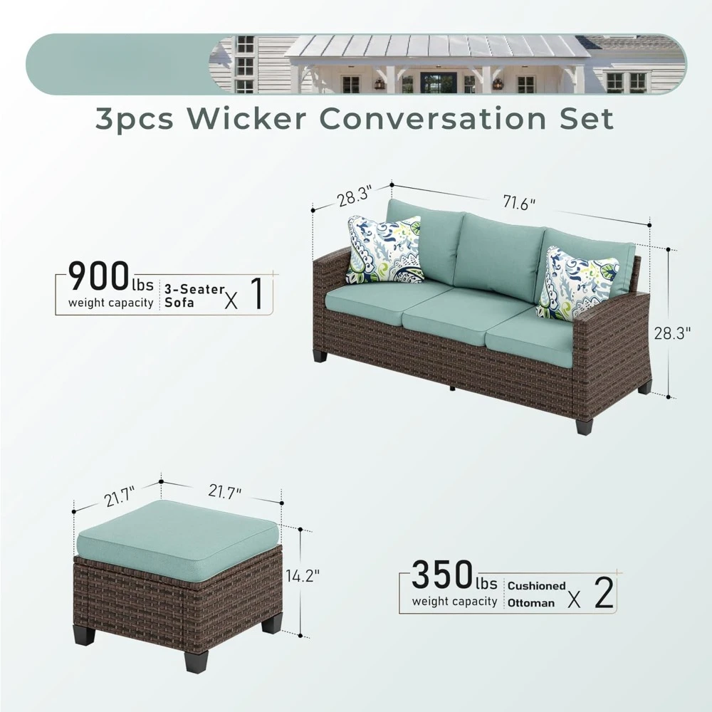 Meuble combiné en osier et rotin avec coussins, terrasse et terrasse, mobilier d'extérieur, 3 pièces et 5 sièges