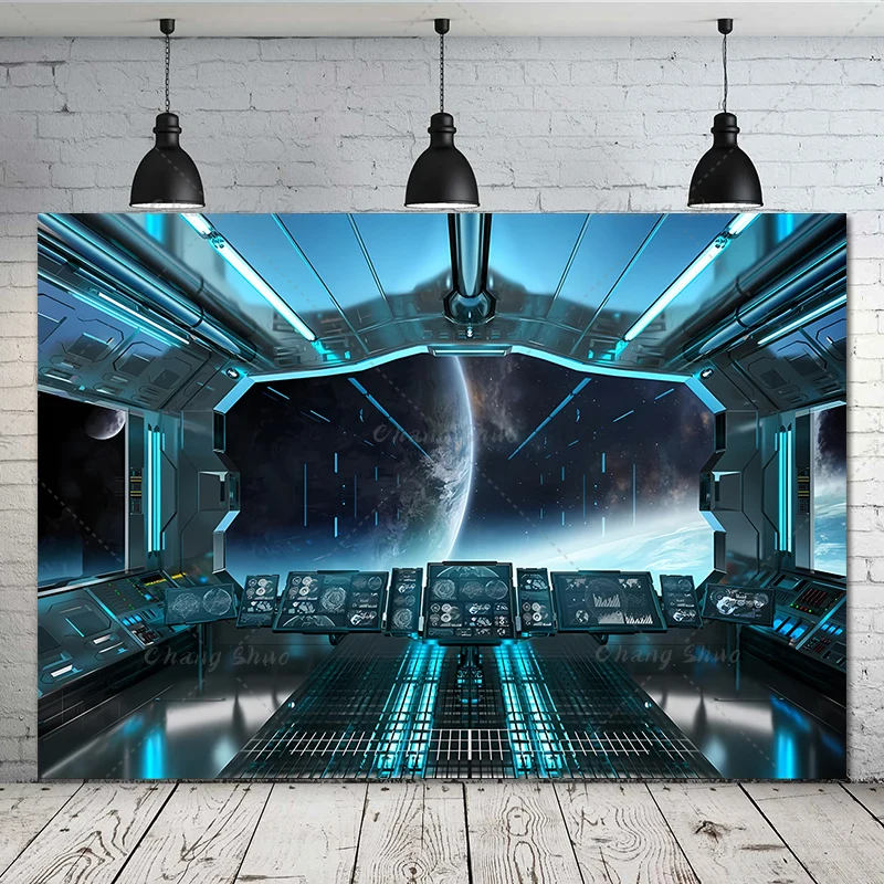 Spaceship Interior Backdrop Boys Birthday Party Decor Photography Background Starry Sky Spacecraft Baby Shower Photo Studio