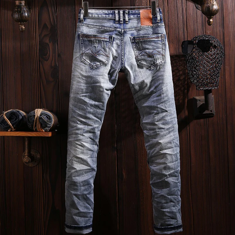 Street Fashion Vintage Men Jeans High Quality Retro Blue Stretch Slim Fit Ripped Jeans Men Patched Designer Denim Pants Hombre