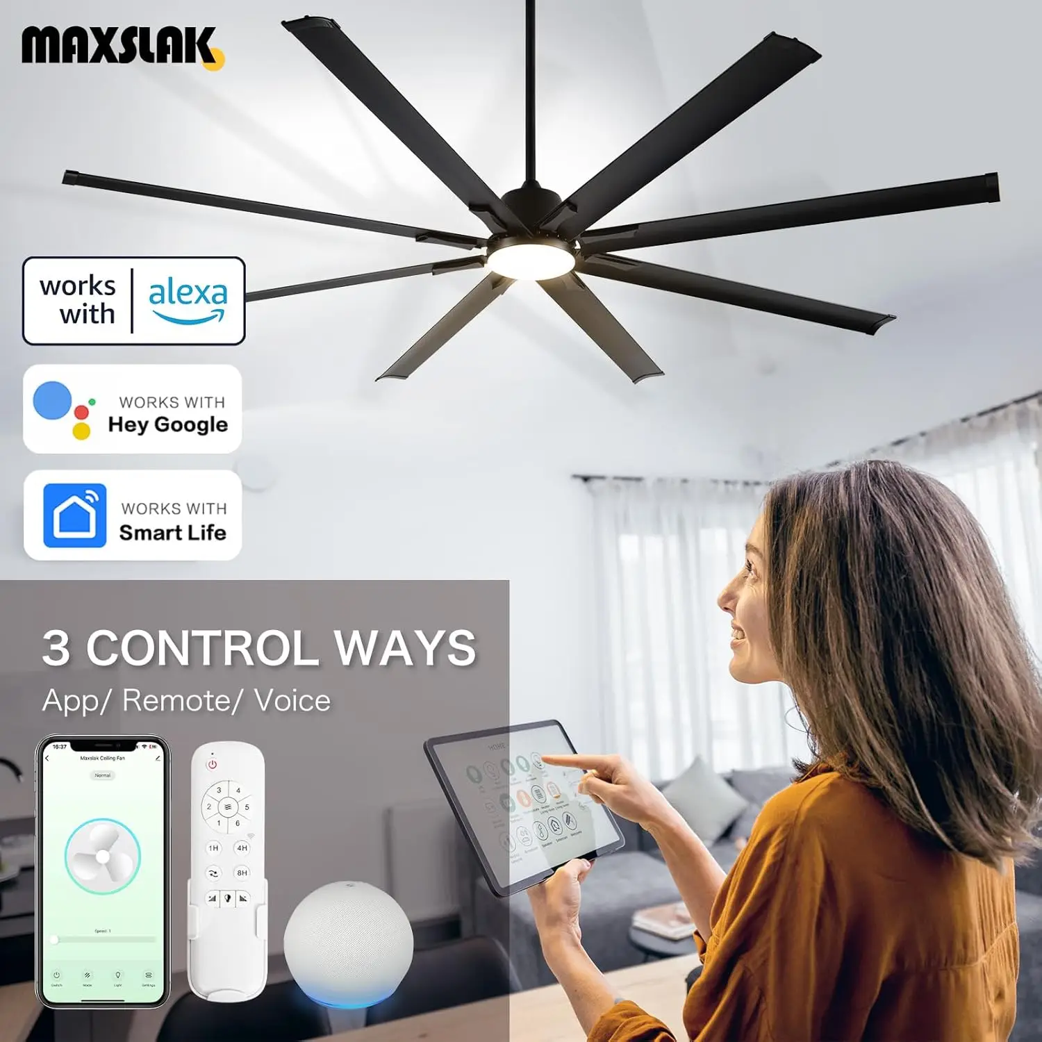 Luz, ventilador de techo grande con 8 aspas de aluminio modernas, funciona con Alexa, motor CC silencioso, negro