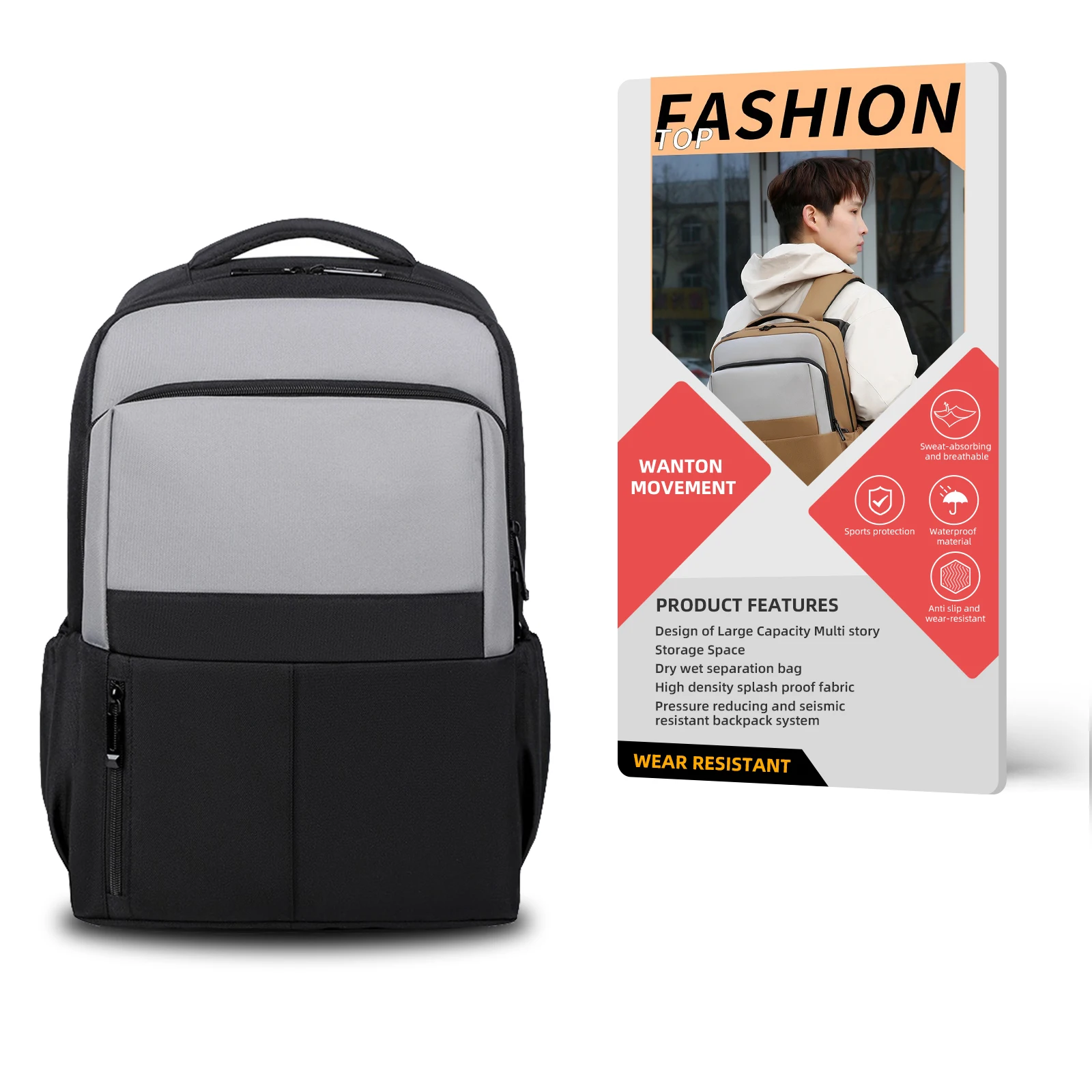 Leisure backpack, fashionable business, large capacity, splash proof, wear-resistant, breathable computer bag