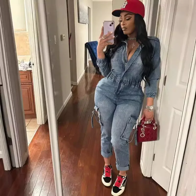 

New Denim Jumpsuits for Women Trend Slim Stretch Long-Sleeve Jumpsuit Washed Bodysuit Y2k Streetwear Overalls Festival Outfit