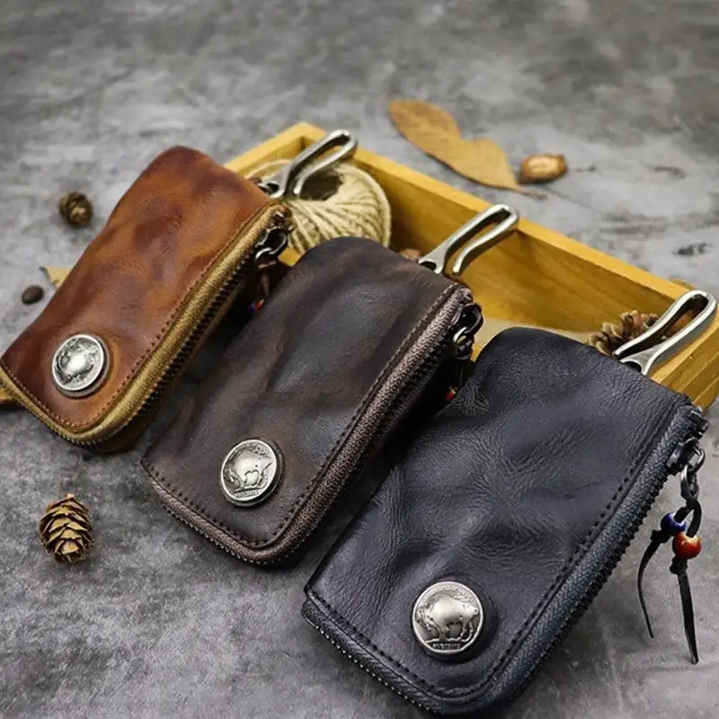 

340D Портативная кожа для ключевых кошелька для мужчин Short Vintage Car Car Keys Holder Pur