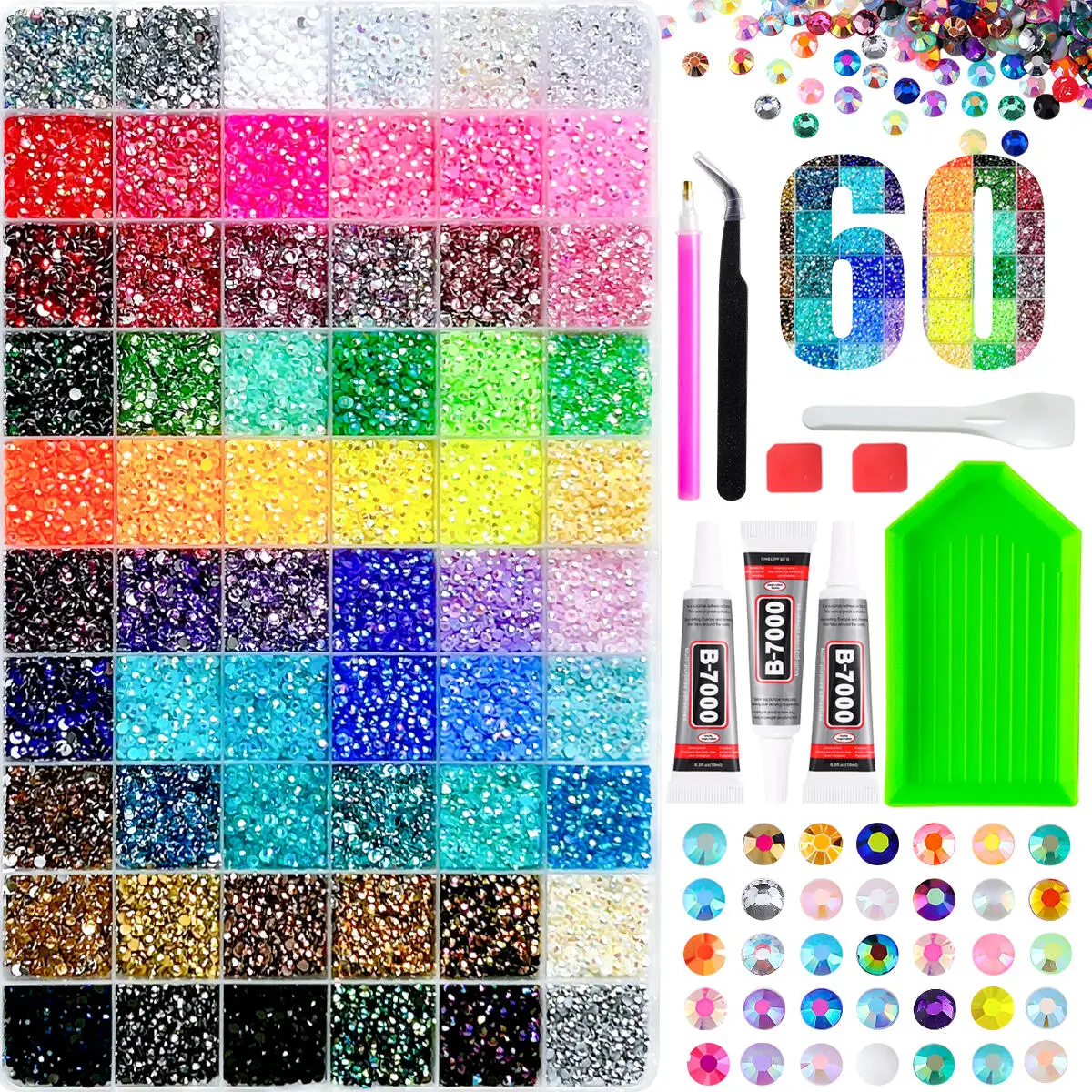 1Box 60 Colors Trendy Sparkling Flatback Nail Rhinestones Charms Multicolors AB Semi-circular Resin Nail Diamond for DIY Nails