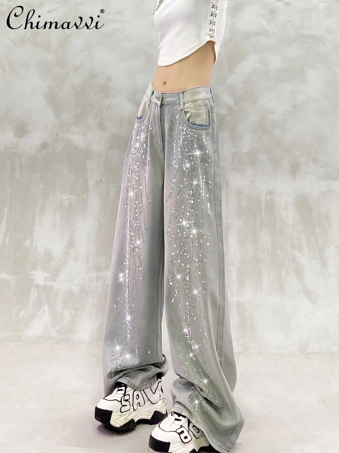 

Heavy Shiny Hot Diamond Washed Light Color Casual Jeans Women Summer New Fashion High Waist Loose Skinny Straight Wide Leg Pants