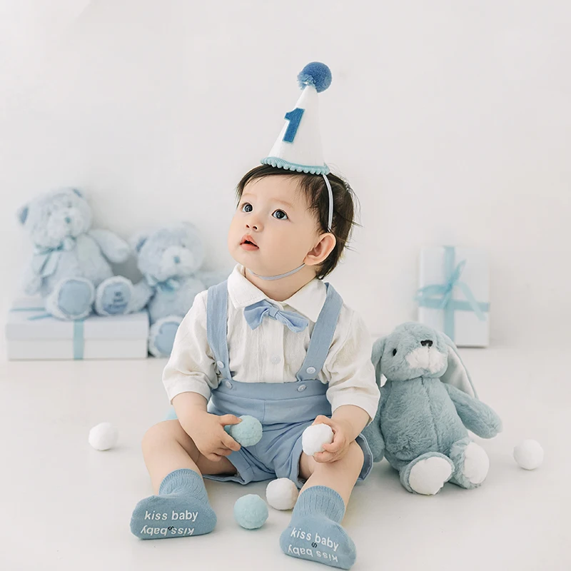 Birthday Party Theme Baby Photography Outfit Blue Birthday Hat Shirt Overalls + Tie 4pcs/Set 3-4 Months Baby Photo Clothing