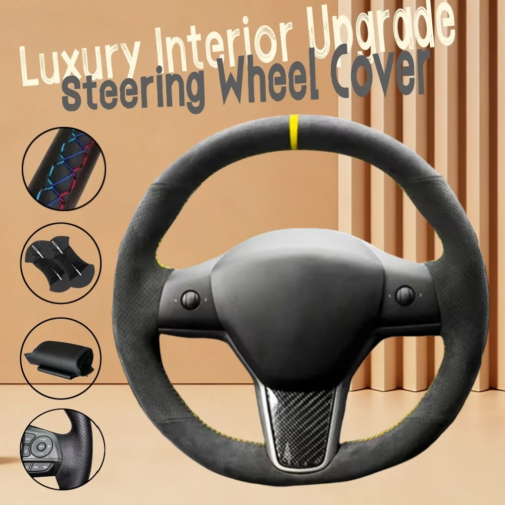 

Customiz Soft Suede Leather Auto Accessories Car Steering Wheel Cover Model Y 2019 2020 2021 Steering Wrap Cover For Tesla 3