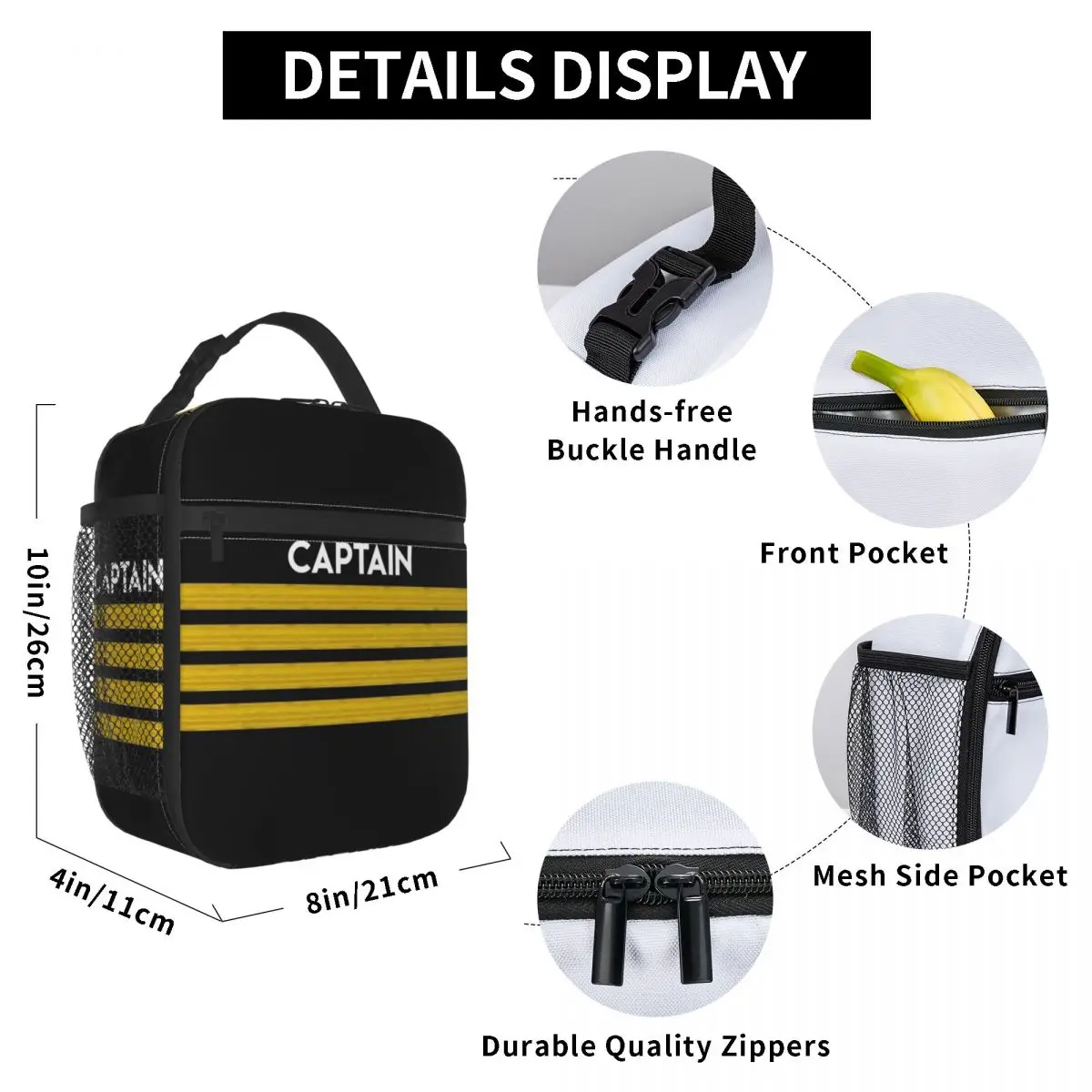 Capitão Stripes Epaulettes Insulated Lunch Bags, Escola, Aviação, Piloto de avião, Reutilizável Thermal Cooler Bento Box, Mulheres, Crianças