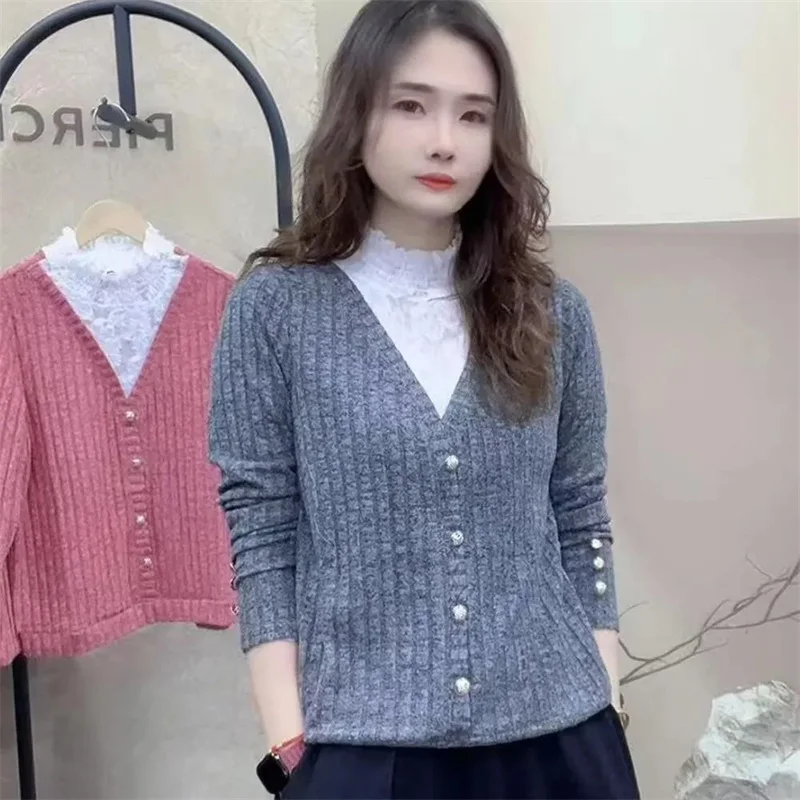 Two Fashion Sweaters Women 2026 New Spring Autumn Semi-high Collar Bottoming Shirt Catching Hair Splicing Knitwear Female