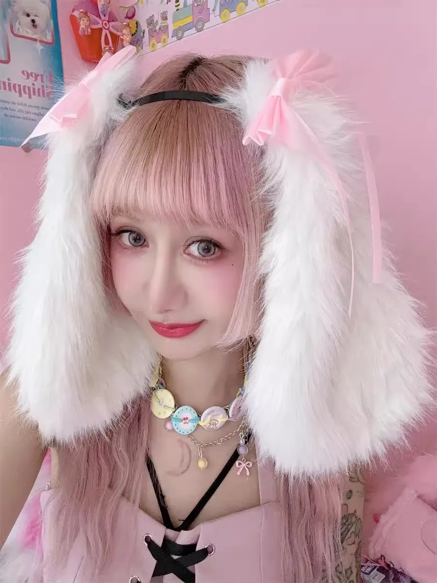 日本の巨大な毛皮のようなウサギの耳カチューシャバタフライマシンロリータ原宿サブカルチャーかぶと Y2K かわいい女の子コスプレ頭飾り