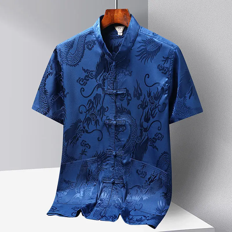 Men's Ice Silk Ancient Style Short Sleeved Shirt for Middle-aged and Elderlynew Chinese Hanfusummer Thin and Breathableretro Top