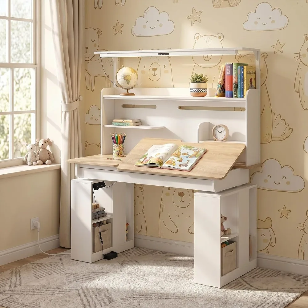 Height Adjustable 55" Electric Drafting Table with Tiltable Desktop, Lights, Drawer, and Side Shelves