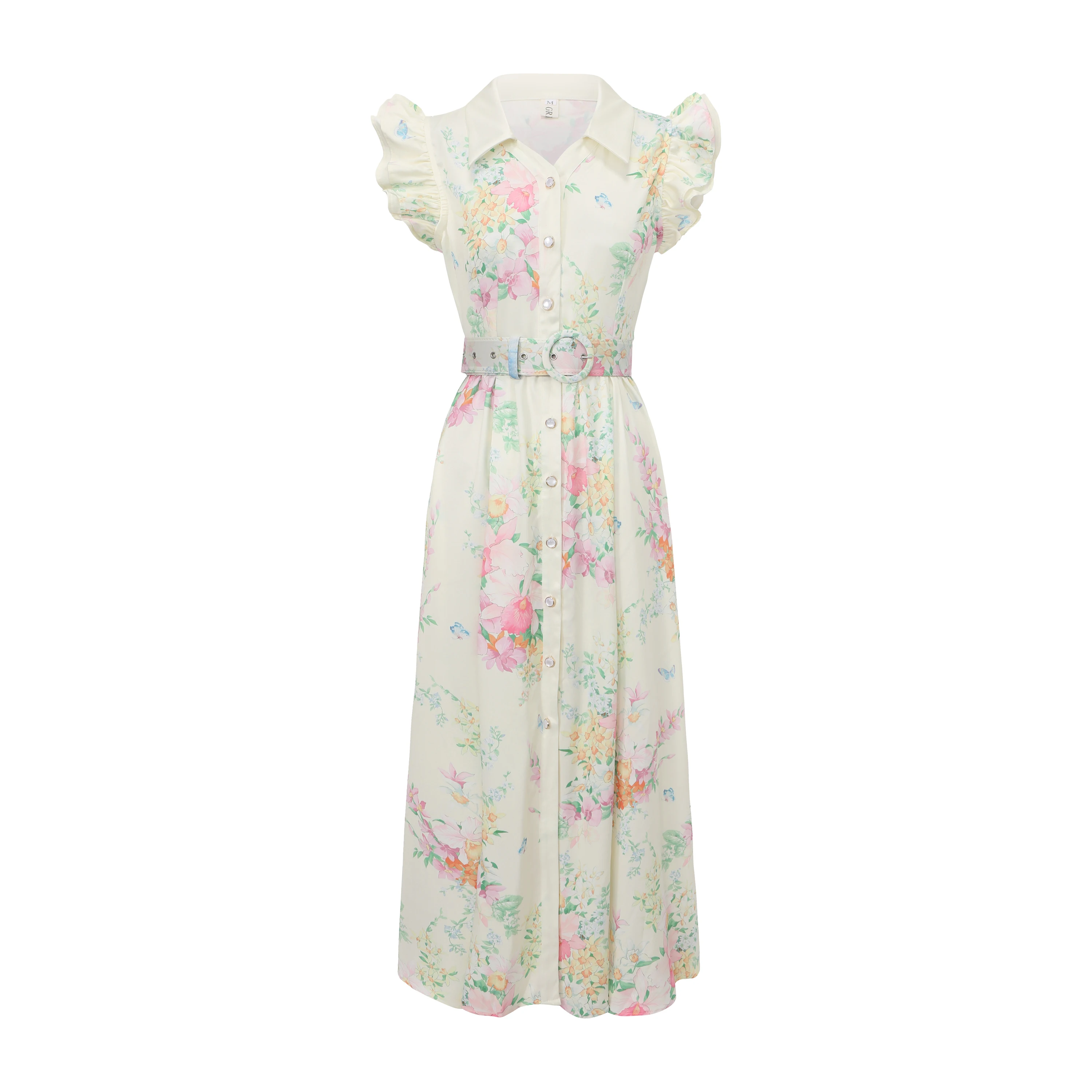 

Summer Holiday Women's Long Dress with Flying Sleeves Single-Breasted Printed Belt Maxi Robe Vestidos Floral Design