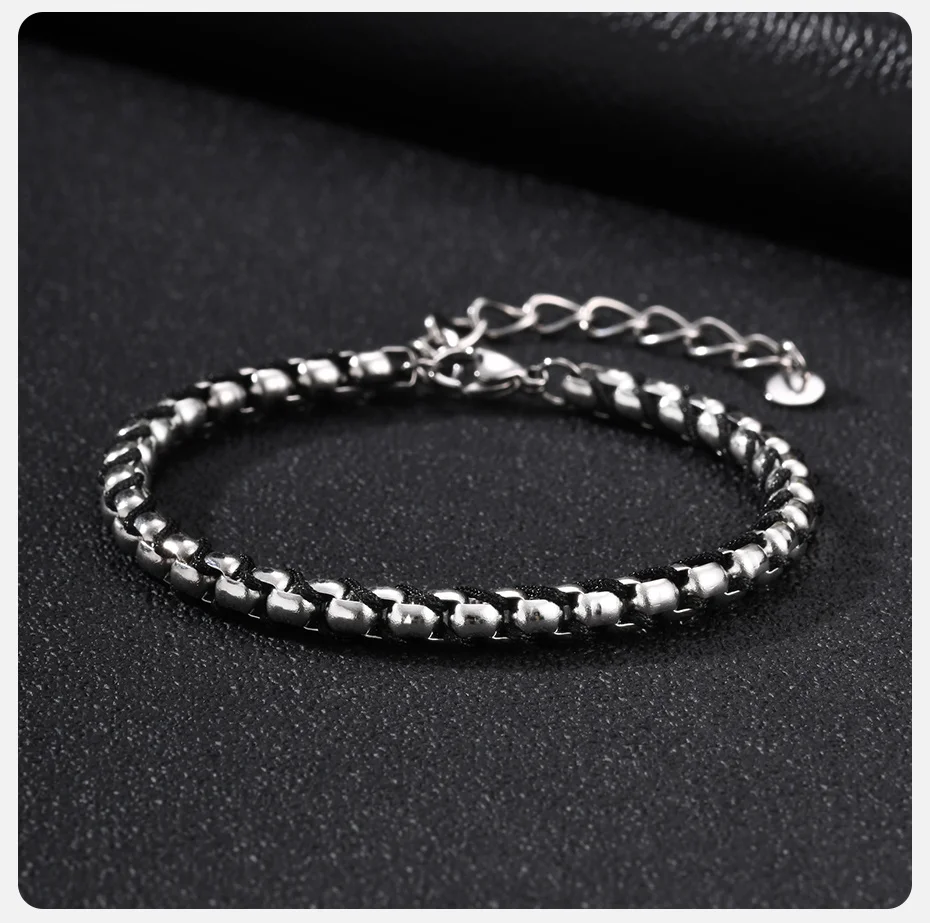 Vnox Edelstahl-Kastenkette Geflochtenes Schwarzes Seil-Armband, Verstellbares Gliederarmband Punk Hip-Hop Schmuck Geschenk für Männer – Detail 5